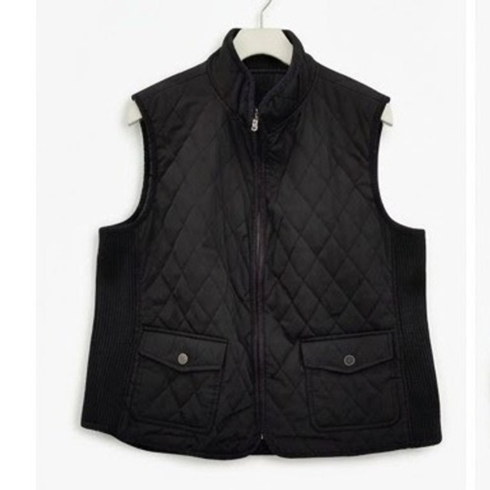 Talbots Womens Preppy Equestrian Quilted Classic Vest XL Black Ribbed Zip Up